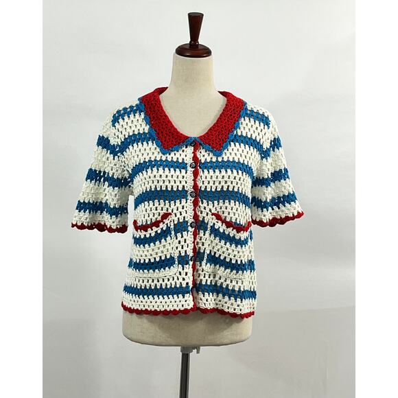 HUNTER BELL Sz L Large Kate Top Crochet Sweater Cardigan Short Sleeve - Picture 12 of 12